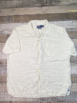 VTG Polo Ralph Lauren Caldwell Silk Blend Short Sleeve Beige Camp Shirt XL Loop