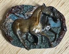 Vintage Bergamot Brass Works Horses Pewter Enamel Belt Buckle 1983 Made in USA
