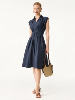 Viscose-Linen Collared V-neck Midi Dress with Drawstring-OGLmove|118935