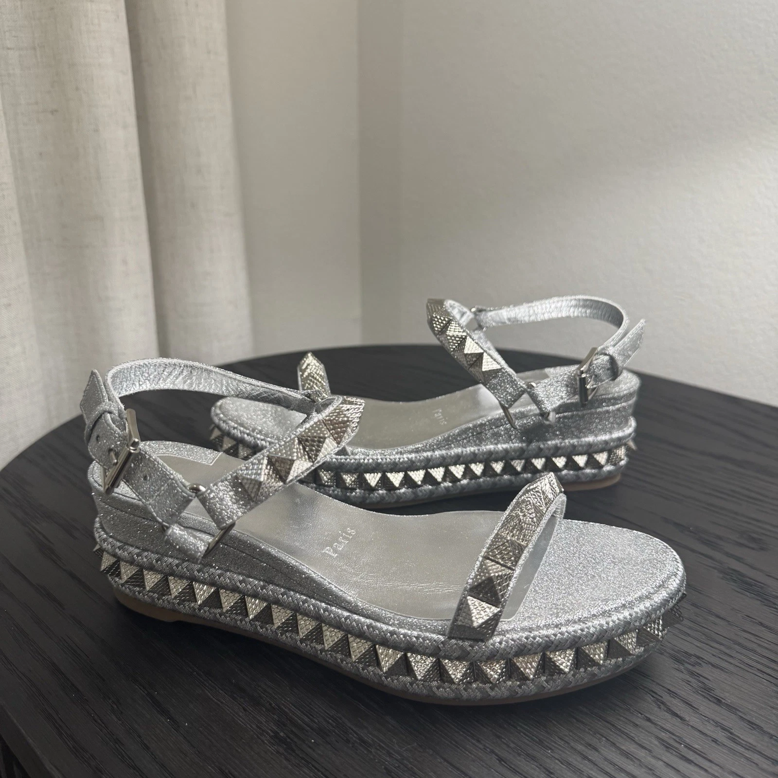 Christian Louboutin — Christian Louboutin Pyraclou 60 Espadrille Sandals Silver 36