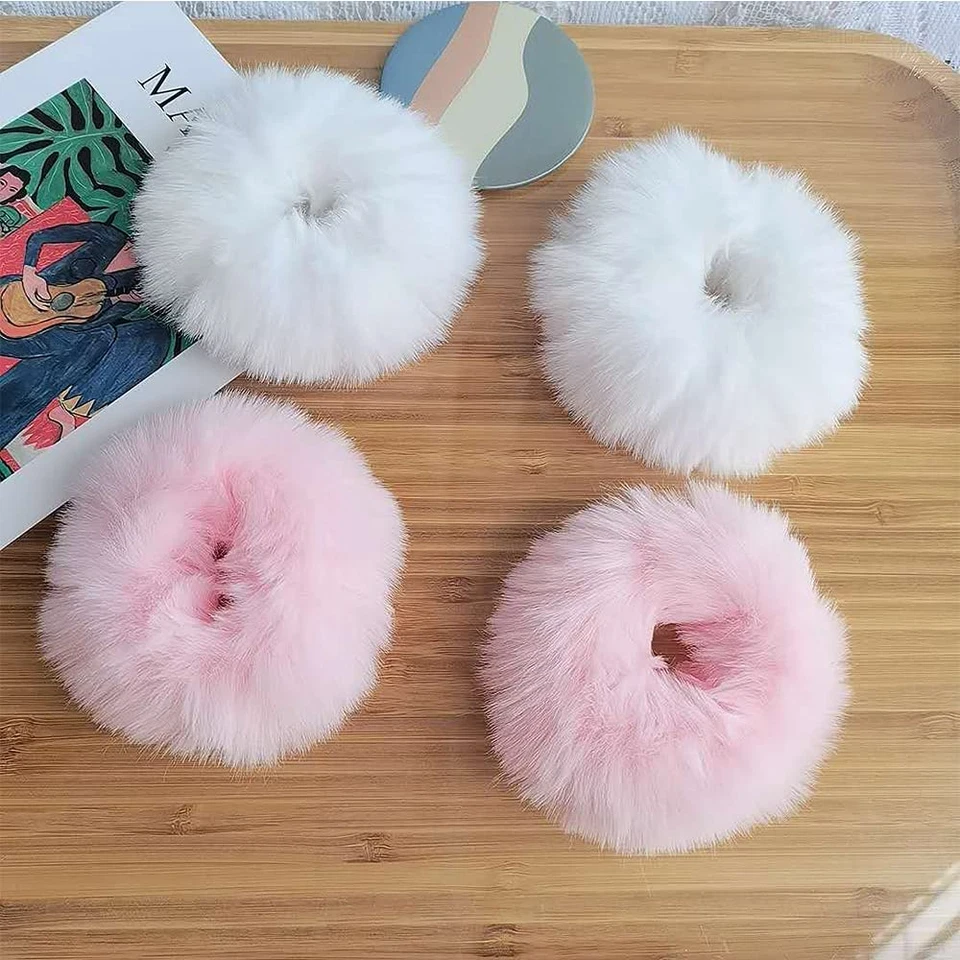 2 PCS Furry Scrunchies with Faux Rabbit Fur - Cute Elastic Bobbles, Ponytail Hol - Image 3 of 4