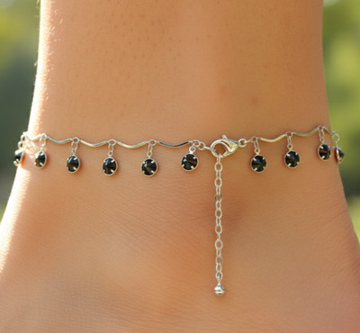 Elegant Silver Tone Black Onyx Anklet Dark Stone Dangle Charm Boho Foot Chain