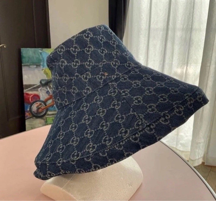 Gucci GG Denim Wide Brim Hat / Bucket Sun Hat Blue/Ivory, Size Medium - Image 2 of 4
