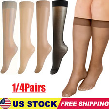 4Pairs Women Knee High Nylon Hose Socks Jet Black Stretchy Sheers Stockings USA