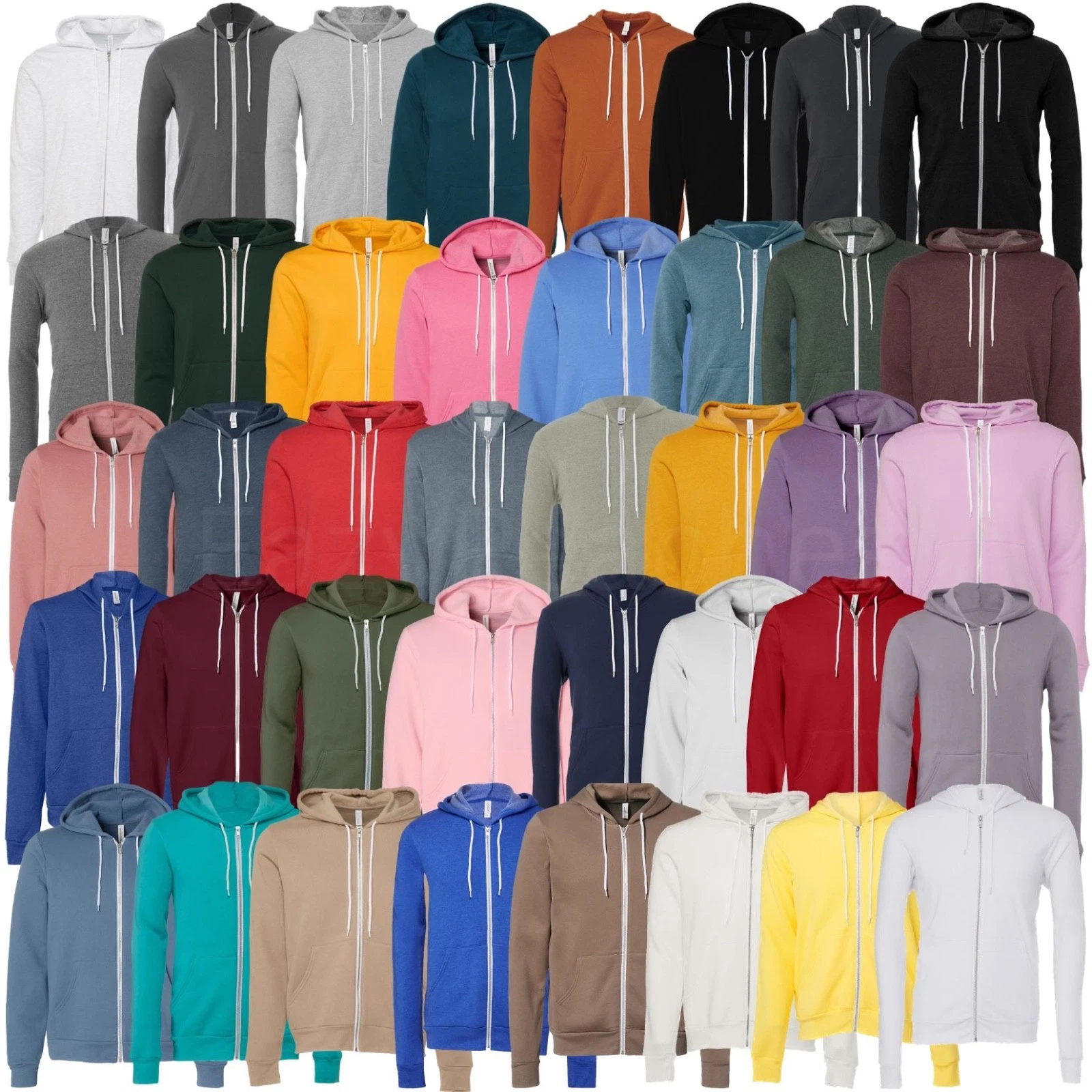 Bella + Canvas UNISEX Size S-3XL Fleece Full-Zip Hooded Sweatshirt Hoodie