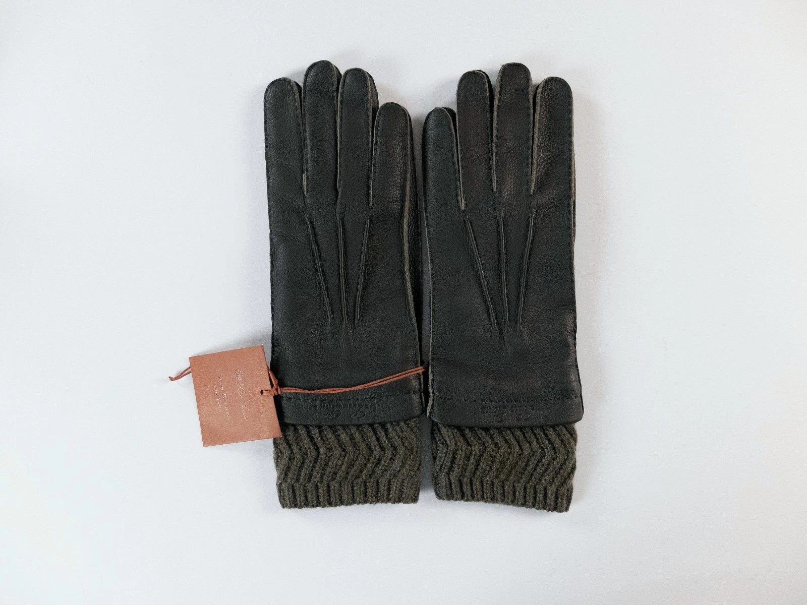 (NO CUSTOMS TAX) LORO PIANA green deer leather & baby cashmere gloves Size Large