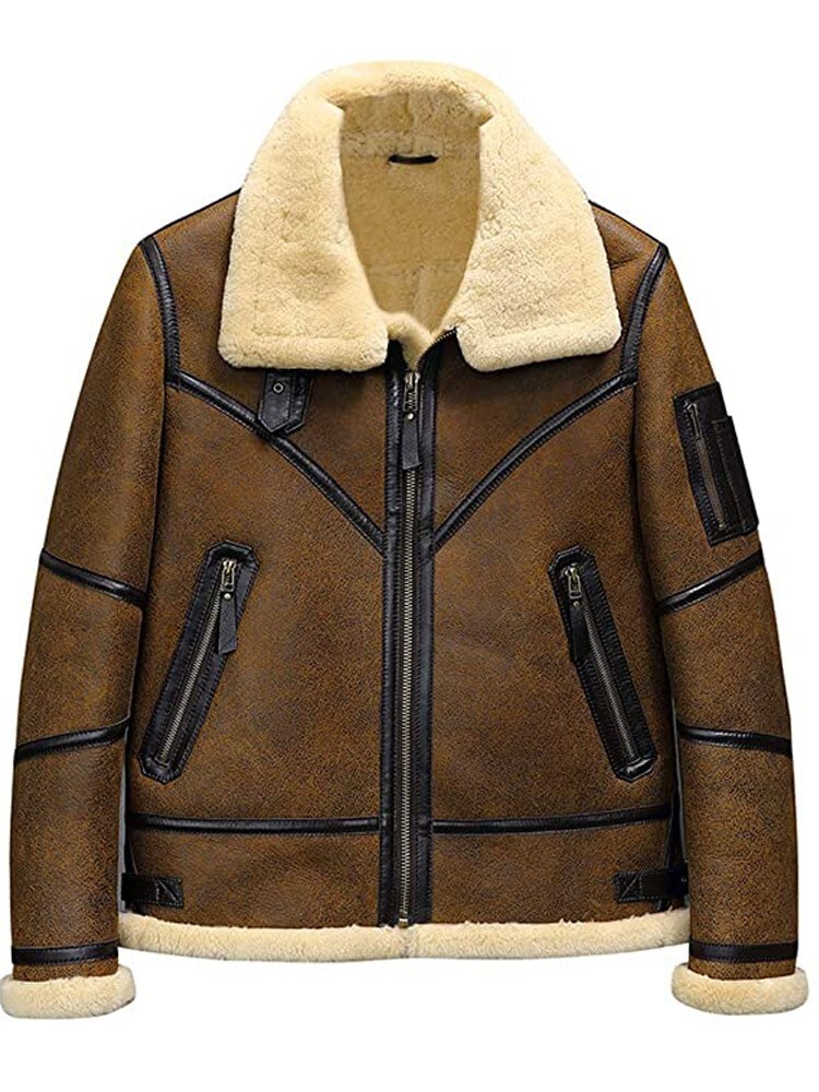 Men’s Genuine Leather B3 Aviator Bomber Jacket Shearling Winter Flight Coat