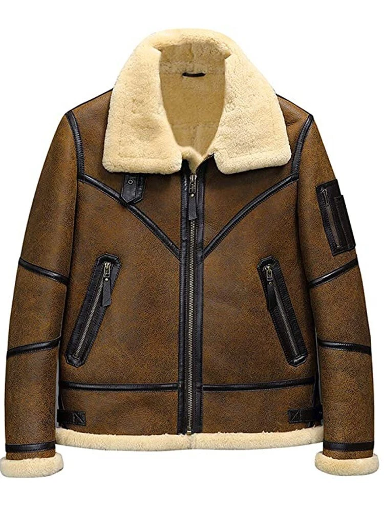 Shearling B3 Aviator Jacket Men's Bomber Flight Real Leather Winter Coat
