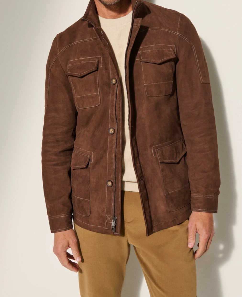 Men's Washed Suede Leather Safari Jacket Brown Cargo Trucker Coat With Pockets