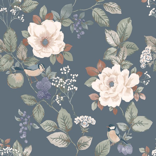 Bramble Blumen Tapete Blumen VöGel BläTter Waschbar Belgravia Blau 2300-image