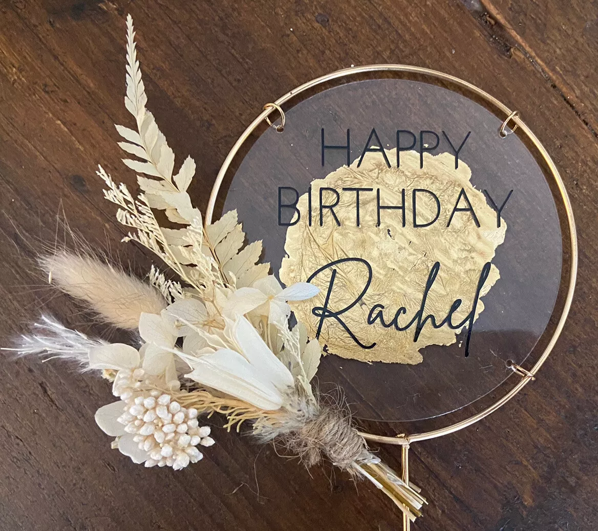 Personalised Wire /Acrylic Dried Flower Cake Topper Name Birthday ...