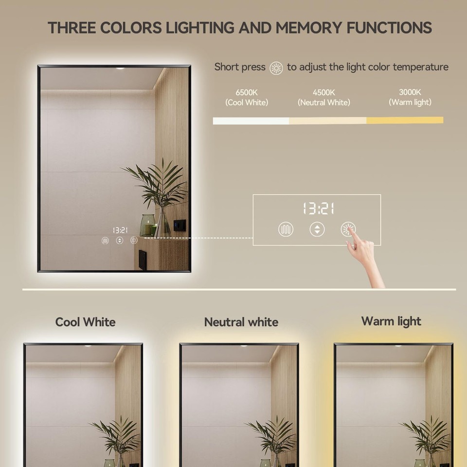 20X28 Black Framed LED Bathroom Wall Mirrors with Lights. Wall Mounted