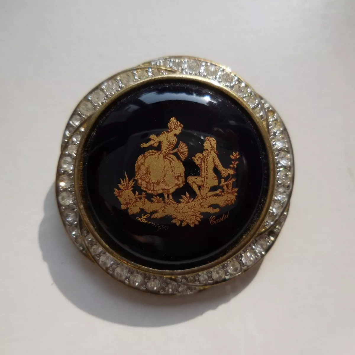 Brooch Limoges CASTEL Gold Plated Porcelain Sapphire Jewel Reborn