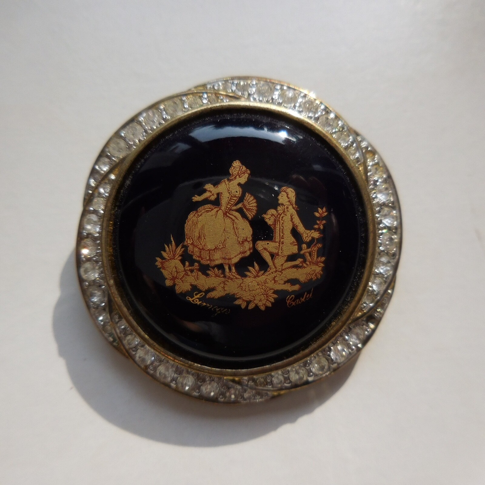 Broche Limoges Castel - Porcelaine Bleue, Plaqué Or, Saphir - Style Renaissance - Occasion Collection