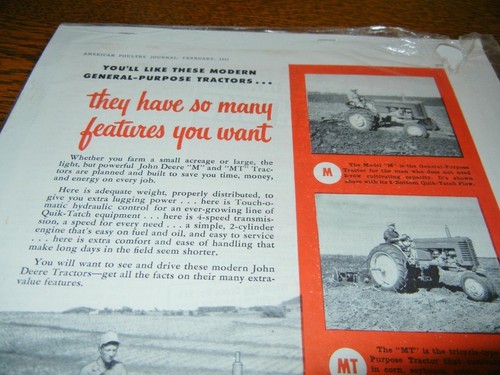 VINTAGE JOHN DEERE TRACTOR MT 1951 PRINT ADVERTISEMENT - Imagen 2 de 2