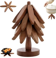 Wooden Trivet Tree, 4 Trivets + 1 Stand for Hot Dishes, Natural Tree Trivet Set