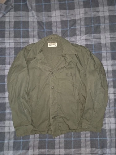 Vintage 40s WW2 USN Original Navy N-4 Green Deck Jacket Military Medium