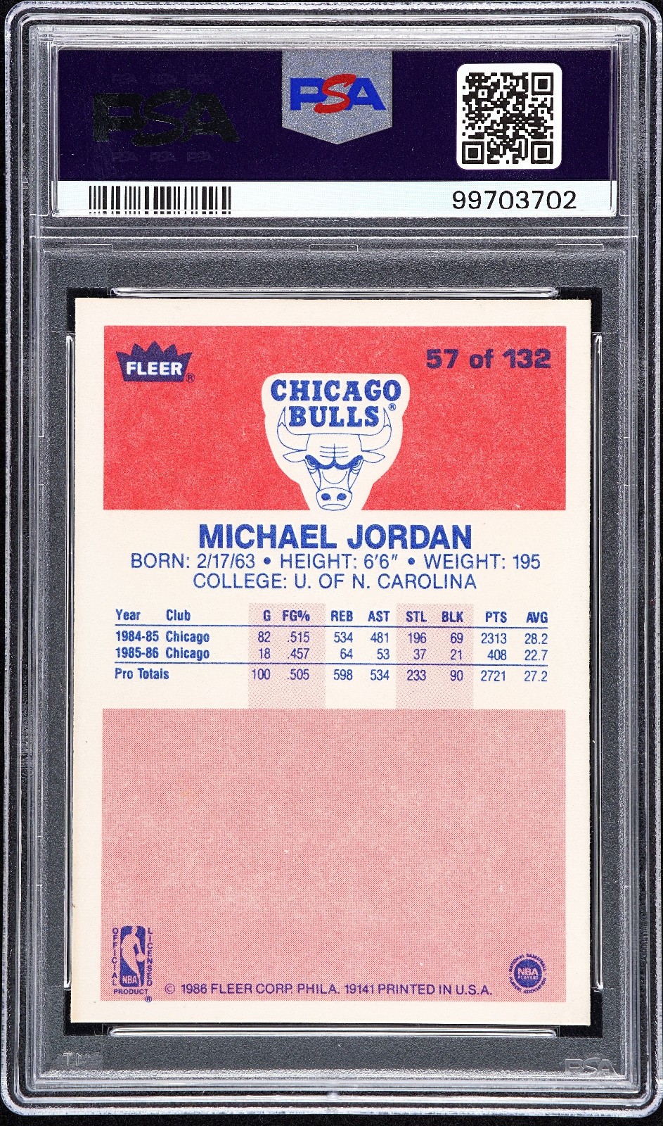1986-87 Fleer #57 Michael Jordan Rookie PSA 8 view 2