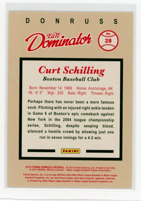2014 Donruss #28 Curt Schilling Elite Dominator Series 1 #/999 - Image 2 of 2