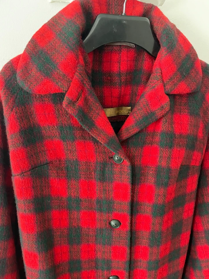 Increíble abrigo largo vintage hecho a mano 100 % lana rojo tartán cuadros talla M Foto 4 de 4