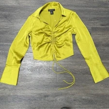 Rachel Zoe Yellow Ruched Long Sleeve Cropped Collared Top Size XS