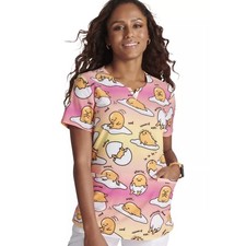 Gudetama Cherokee Scrubs Tooniforms Sanrio V-Neck Top Size Large Lazy Egg Kawaii