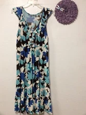 Apt 9 Womens Dress Size M Blue Brown Ruffled Neckline Sleeveless 183