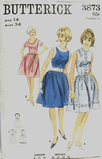 1960'S UNCUT BUTTERICK PATTERN 3873 DRESS SLEEVE NECK CHOICE FULL SKIRT SIZE 14
