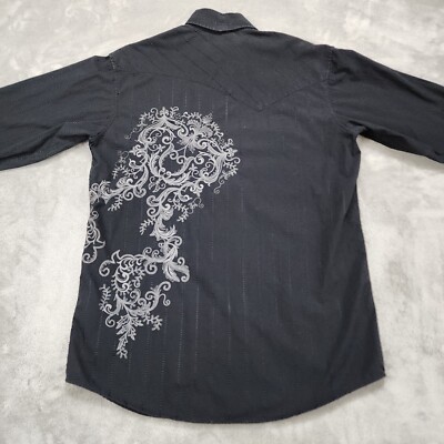 Panhandle Slim Shirt Mens Medium Black Stripe Snap 90 Proof Western Embroidered