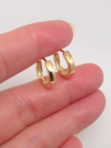 Small Plain Huggie Hoop Earrings 925 Sterling Silver Men Womens 12.5mm x2mm Gold - Picture 3 of 9