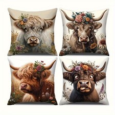 4Pcs Highland Cow Floral Crown Throw Pillow Covers Farmhouse Cushion Cases Gift