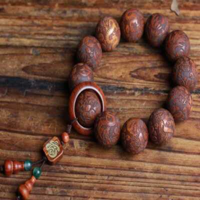 20MM Red Sandalwood Sculpture dragon Cuff Mala Lucky Bracelet Men Chain