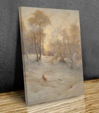 Fox and pheasan in snow ,mounted canvas print art ready to hang