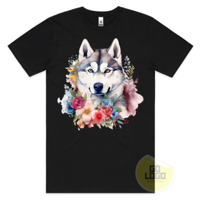 Funny T-Shirt SIBERIAN HUSKY Floral Pet Dog Puppy Mum Dad Tee Wolf Cool Gift