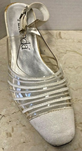 Amanda Women's Cancun White Slingback Sandal Heels Clear Buckle Size 7 1/2 WW - Picture 2 of 8