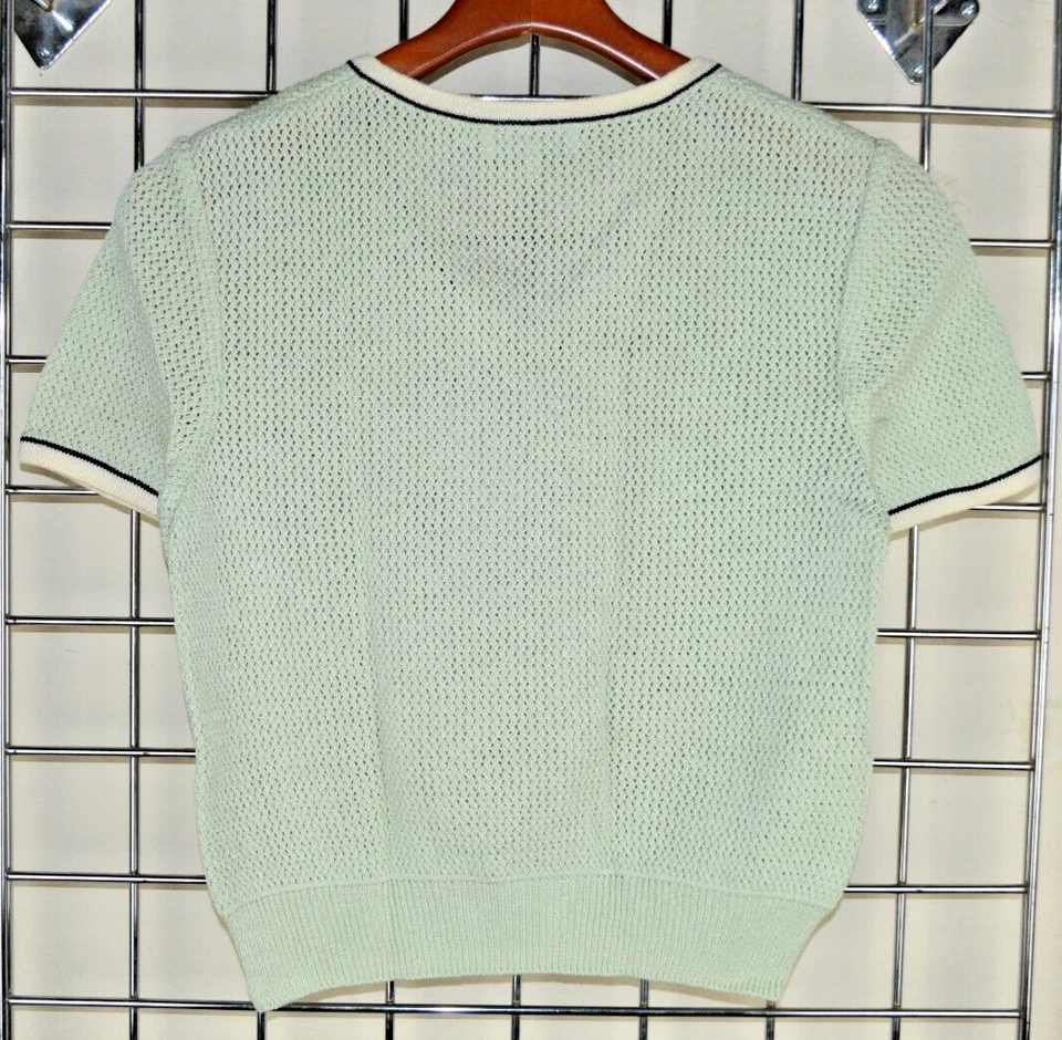 Vintage St John Knit Sweater Size S/M 80s Pale Mint Green Ivory Black Trim - Image 2 of 4