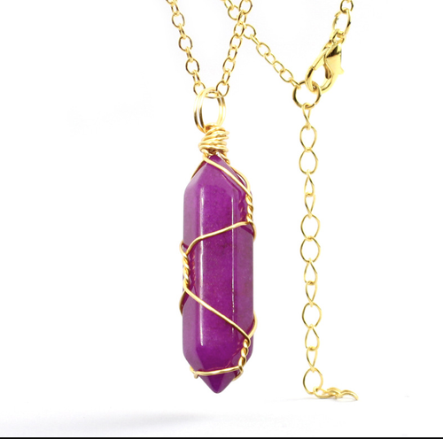 Crystal Necklace Gold Wire Wrapped Purple Garnet Healing Crystal Point - 第 1/7 張圖片