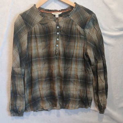 Frye & Co Womens Medium Green Plaid Popover Blouse Casual Button Shirt Top