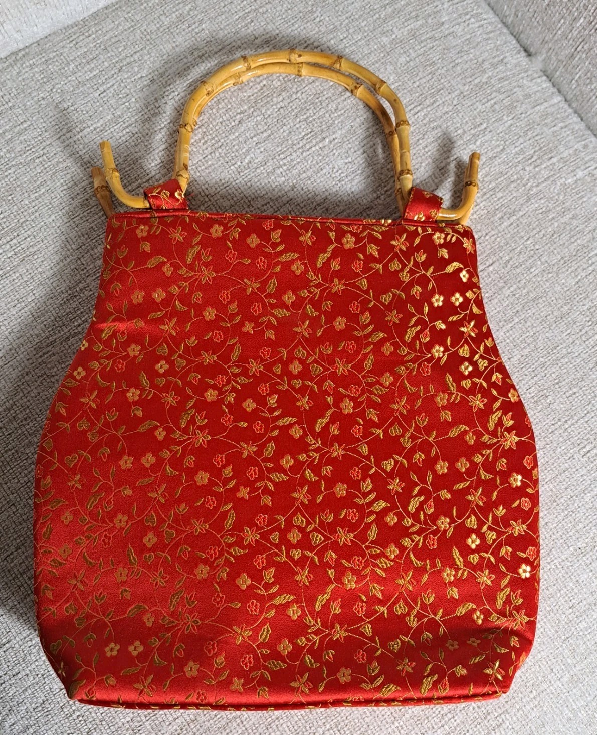 Oriental  Red Purse Handbag With  Bent Bamboo Handle
