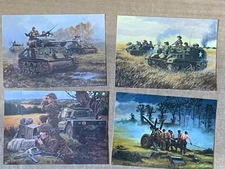 Set of  4 Normandy Military Art Postcards Allied Infantry, tanks and artillery