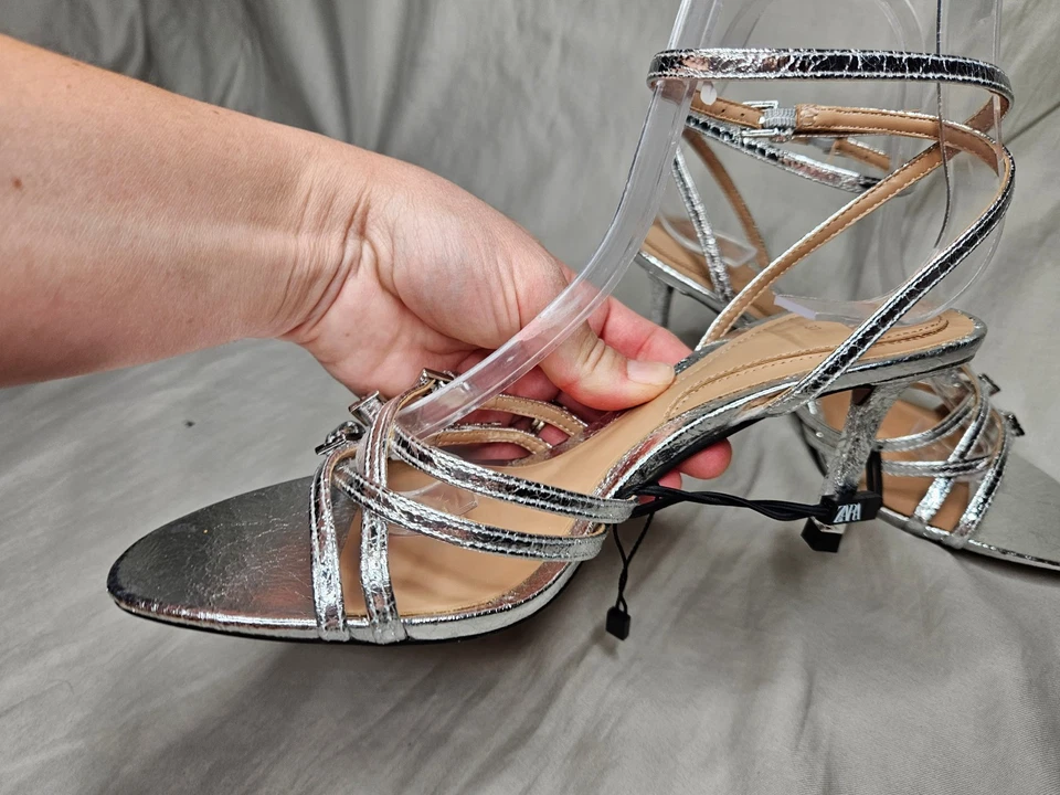 ZARA Heels Womens SZ US 6.5 EUR 37 Silver Metalic Strappy Sling Back Stiletto - Image 4 of 4