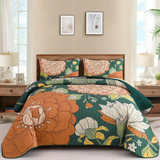 3 Piece Green Floral Quilt Set King Size - Boho Flower Bedspread Coverlet Set, S