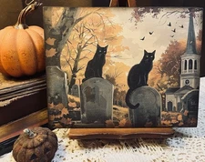 Vintage Style Halloween, Black Cats Graveyard, Handcrafted Flat Board Canvas