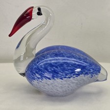 Hand Blown Art Glass Swan Bird Paper Weight Red Beak Blue Speckled 5 Inches Tall
