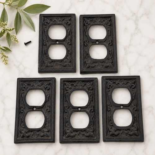 5 Vintage Black Brown Fleur De Lis Cast Iron Wall Outlet Plug Plate Cover Socket