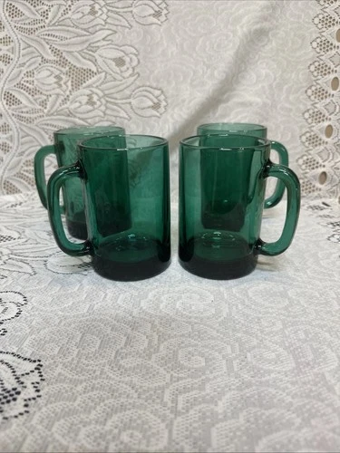 Vintage Emerald Green Glass Mugs Cups Set Of 4