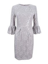Betsy & Adam Women's Sequined Lace Bell-Sleeve Dress (4, Grey)