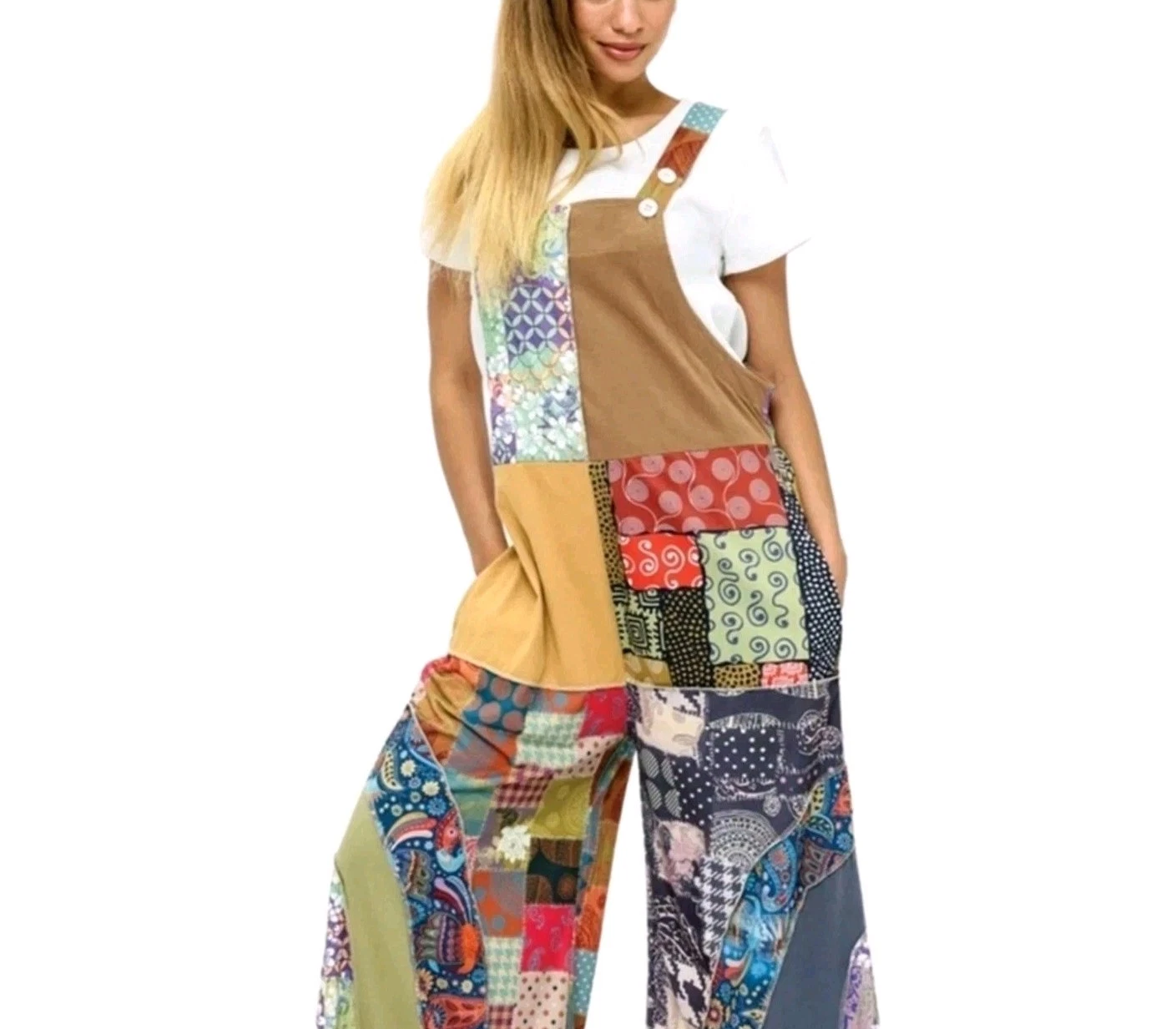 NWT Yak & Yeti Mix Patchwork Adjustable Boho-Chic Knit Overall Jumper Sz. S/M