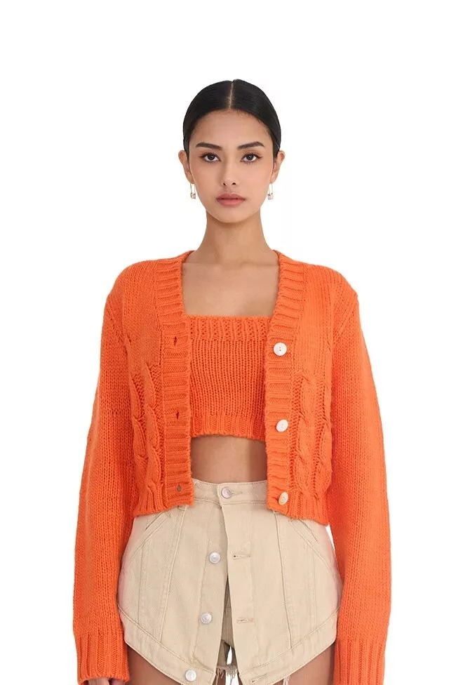 YUYU Bright Orange Y2K Cable Briad Knitted Cropped Cami Top and