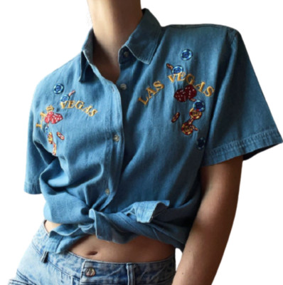 Vintage Las Vegas Bay Beauty Denim Button Down Shirt With Shoulder Pads